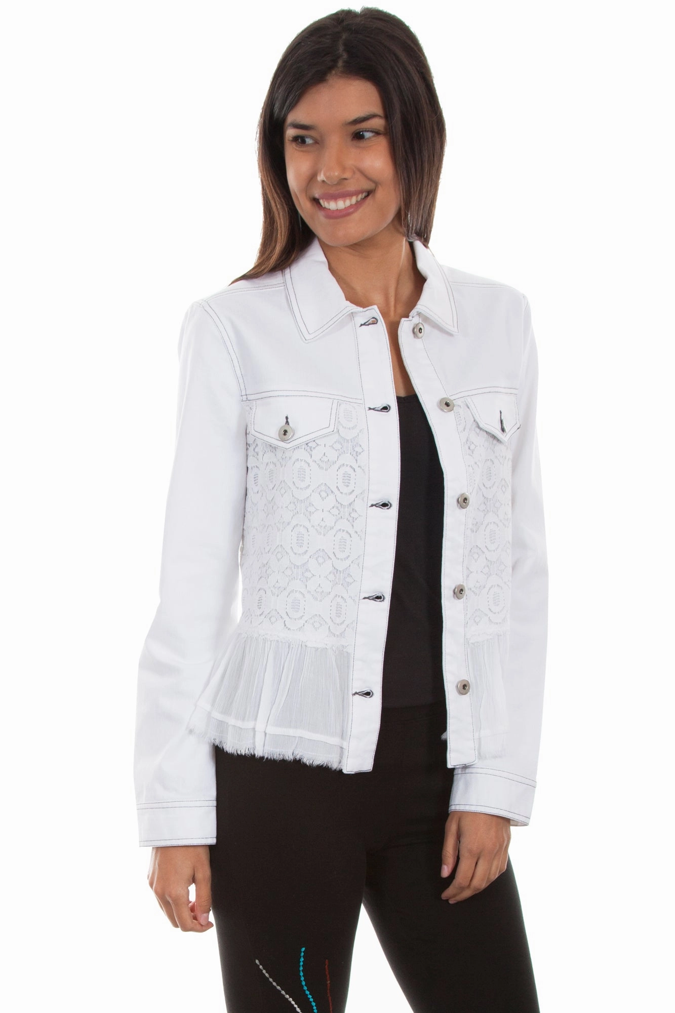 Scully Womens White Cotton Blend Lace Inset Denim Jacket Moisture Wicking Lining Slip Resistant Grip