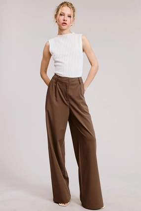 Pleated Wide Leg Trousers - Brown Modern Relaxed Flattering Design Wear