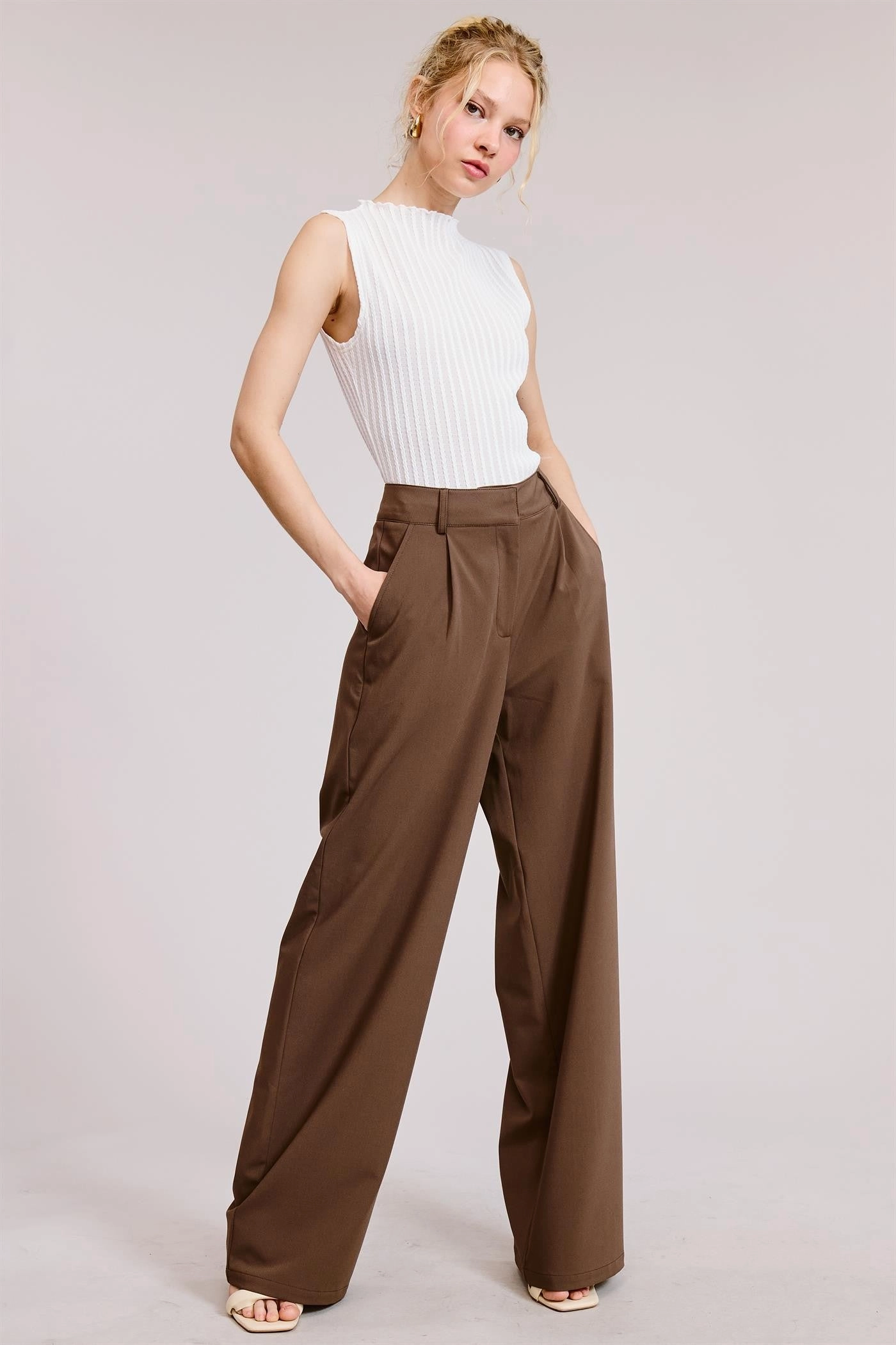 Everyday Wear Pleated Wide Leg Trousers - Brown