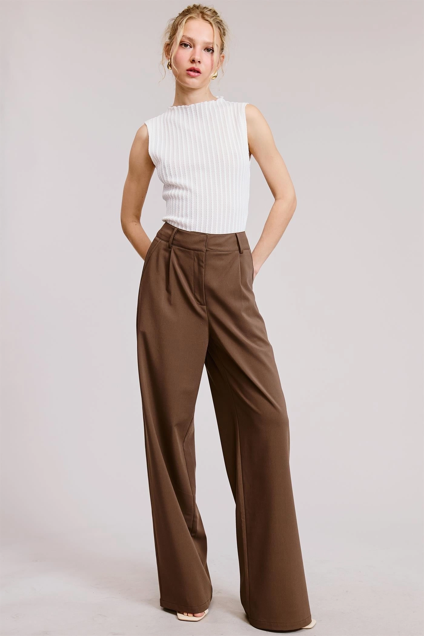 Pleated Wide Leg Trousers - Brown Modern Relaxed Flattering Design Wear