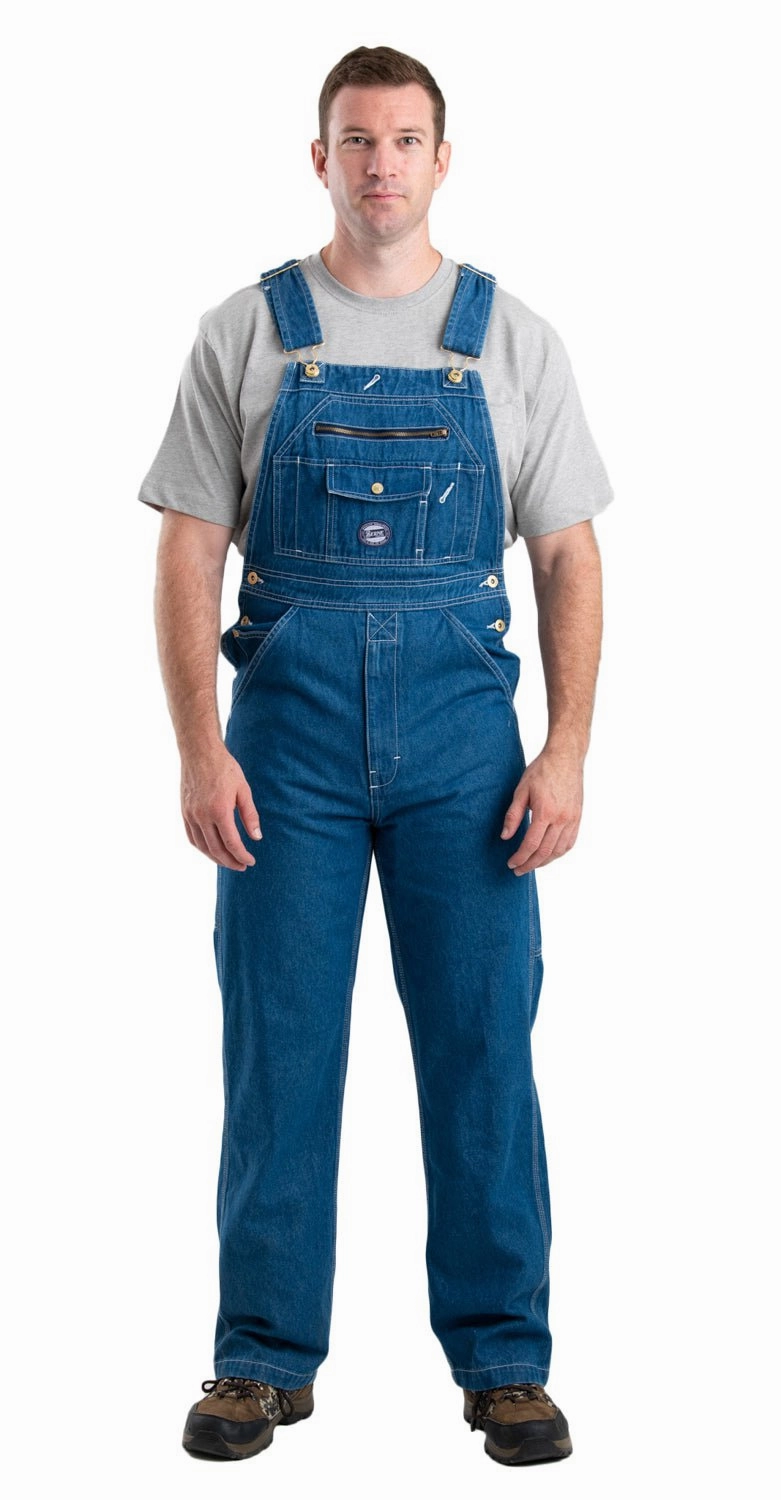 Berne Mens Light Denim 100% Cotton Vintage Washed Denim Bib Overall Leather Bits Lined Pockets