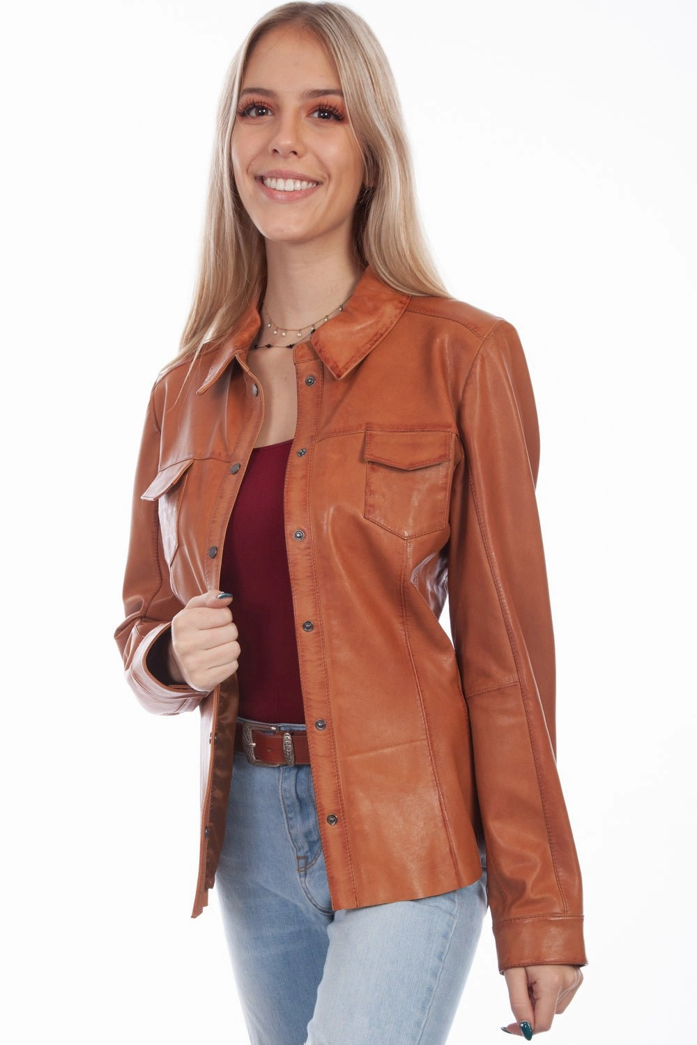 Trail To Town Scully Womens Cognac Lamb Leather Contemporary Snap Jacket