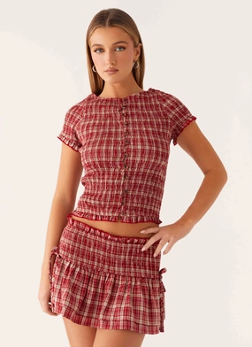 Lenore Button Top - Ruby Check MultiPocket Design Unstructured Fit