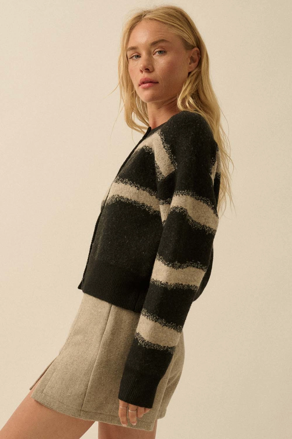 PuckerFree Surface Striped Knit Cardigan - Black