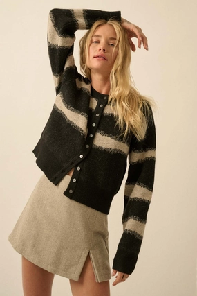 Knitwear Design Basic Layering Striped Knit Cardigan - Black
