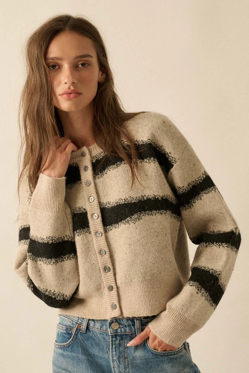Striped Knit Cardigan - Stone Ribbed Trims Reflective Detailing