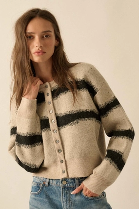 Winter Layers Striped Knit Cardigan - Stone