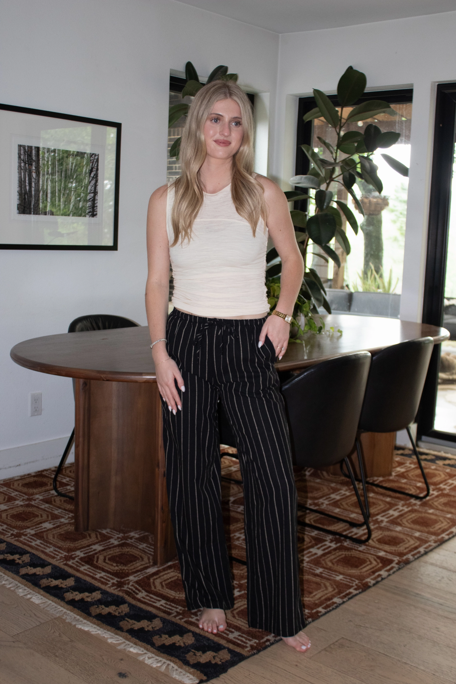 Striped Linen Wide Leg Pants - Black Placket Detailing BoxyCrop