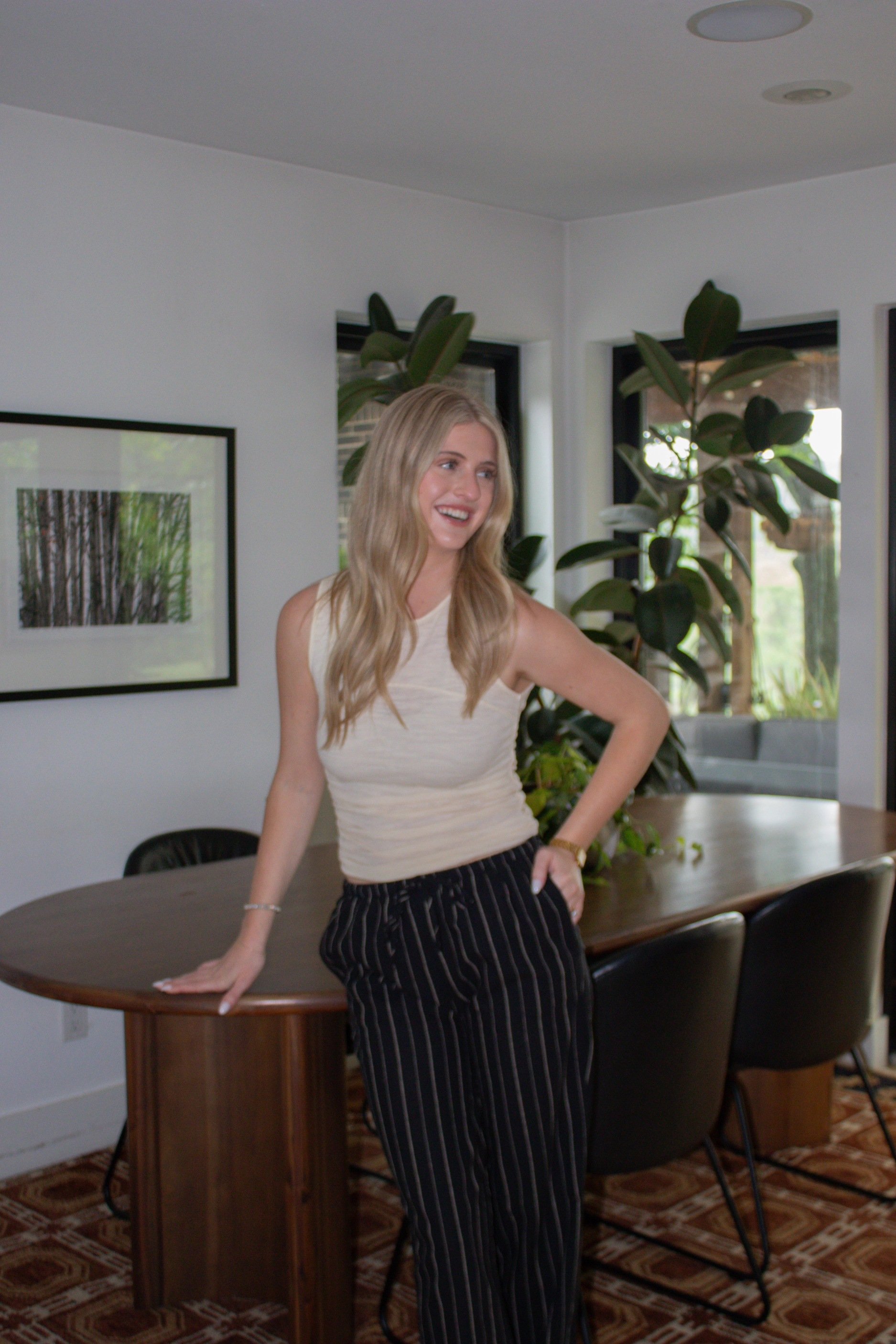 Striped Linen Wide Leg Pants - Black Yoga Ready Anti Cling Finish