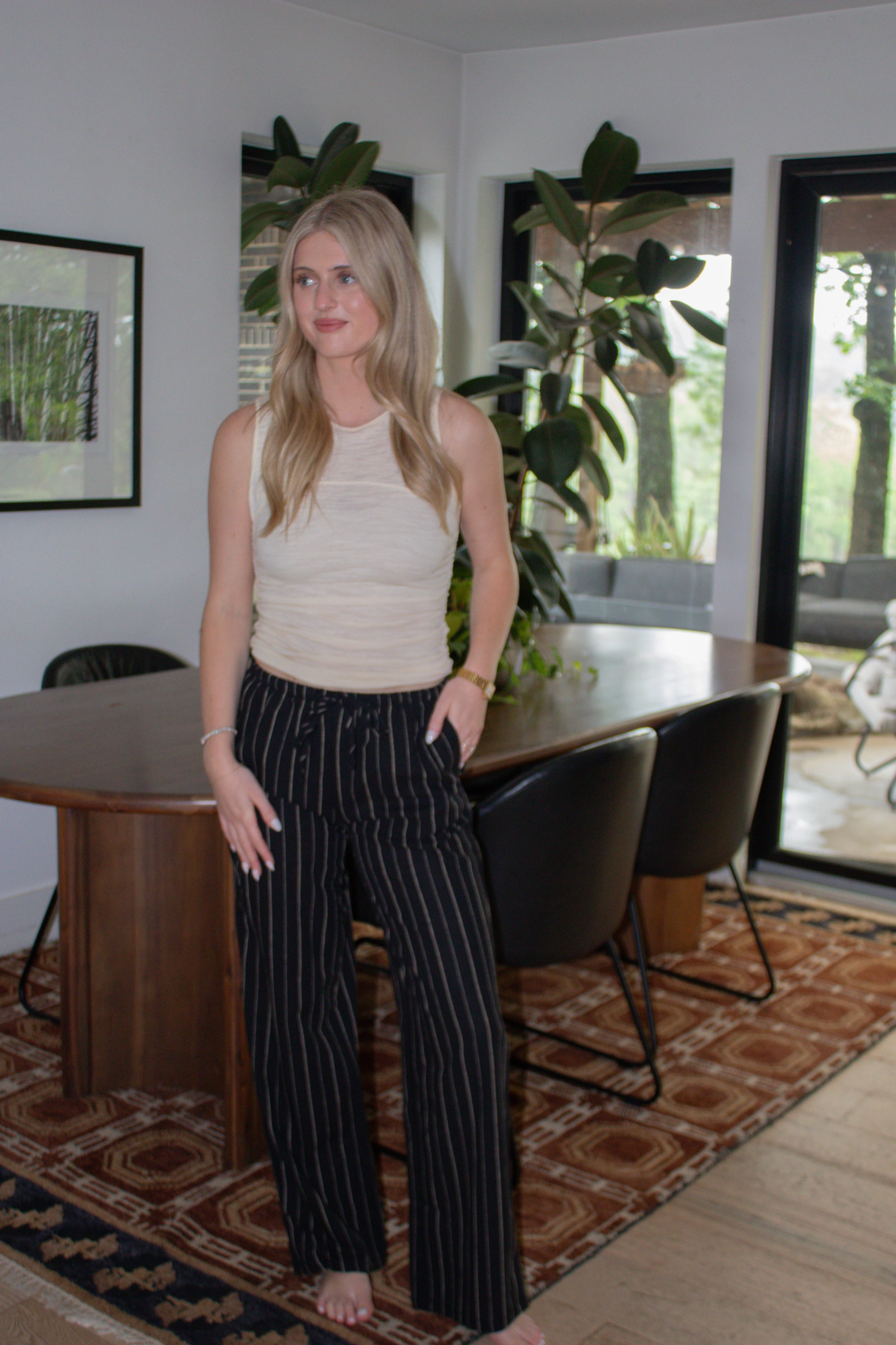 Striped Linen Wide Leg Pants - Black Anti Snag Threading