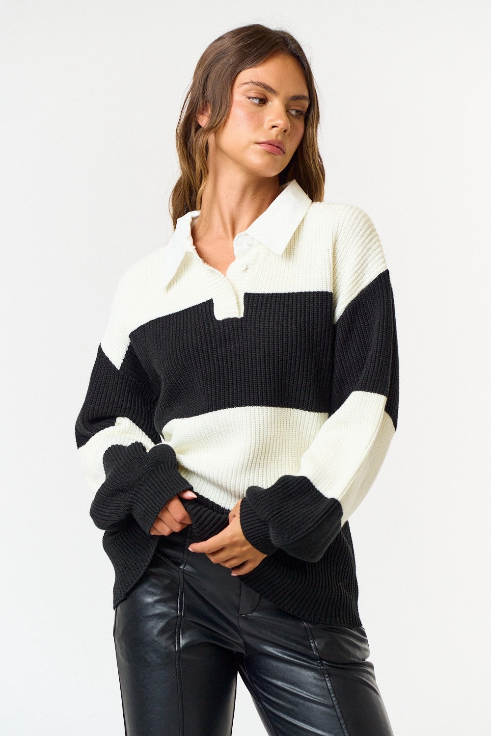 Multipanel Construction Soft Texture Striped Polo Sweater