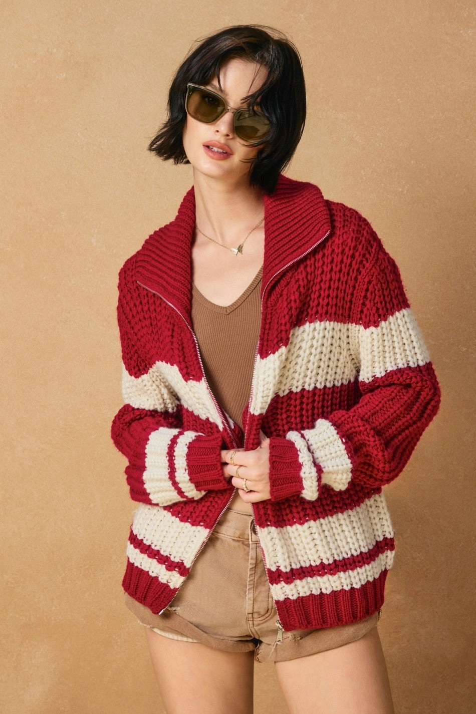 RubberizedGrip AdjustableClosure Striped Sweater Jacket - Red