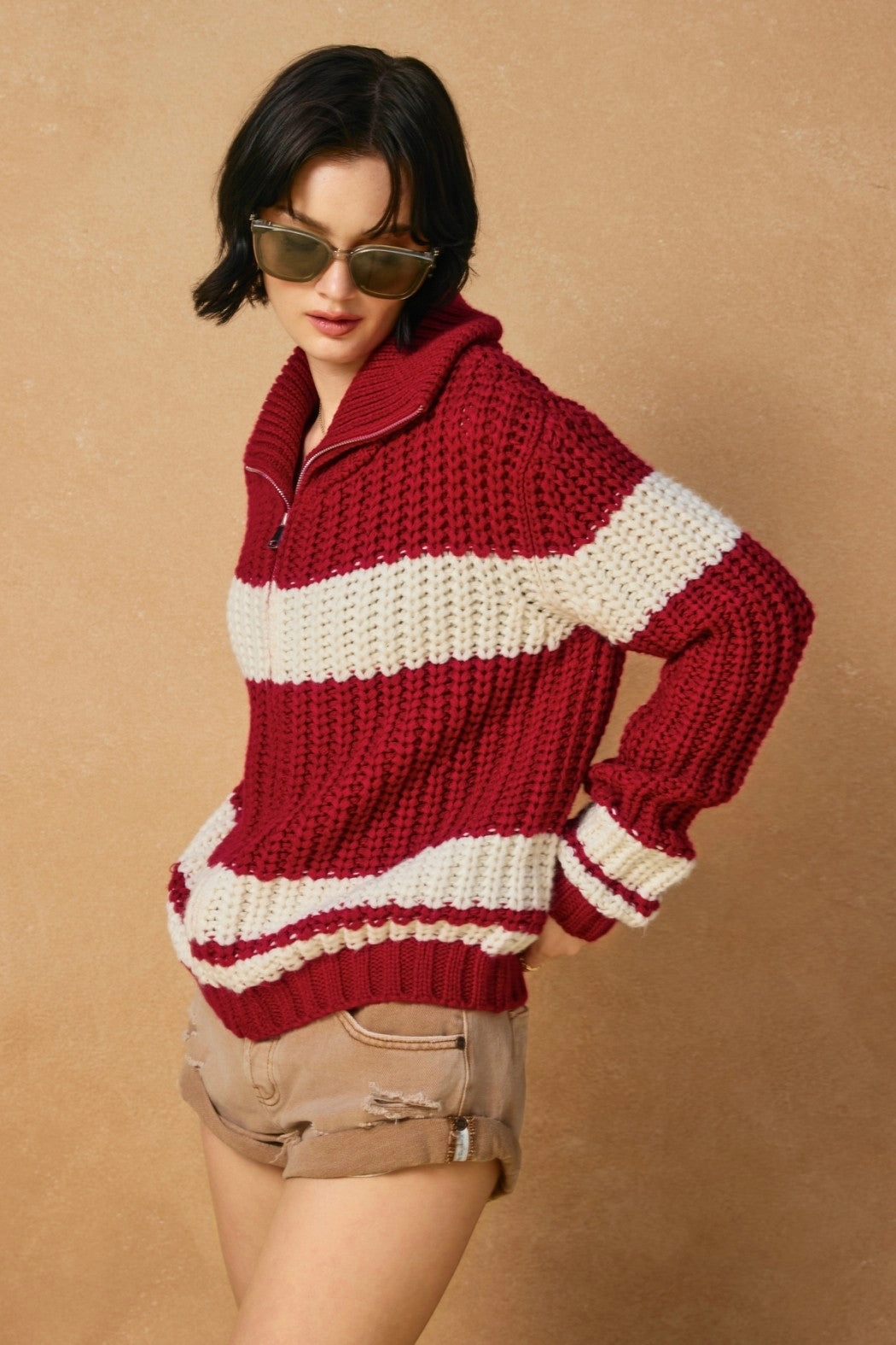 AllDay Comfort Tech CrewNeck Striped Sweater Jacket - Red