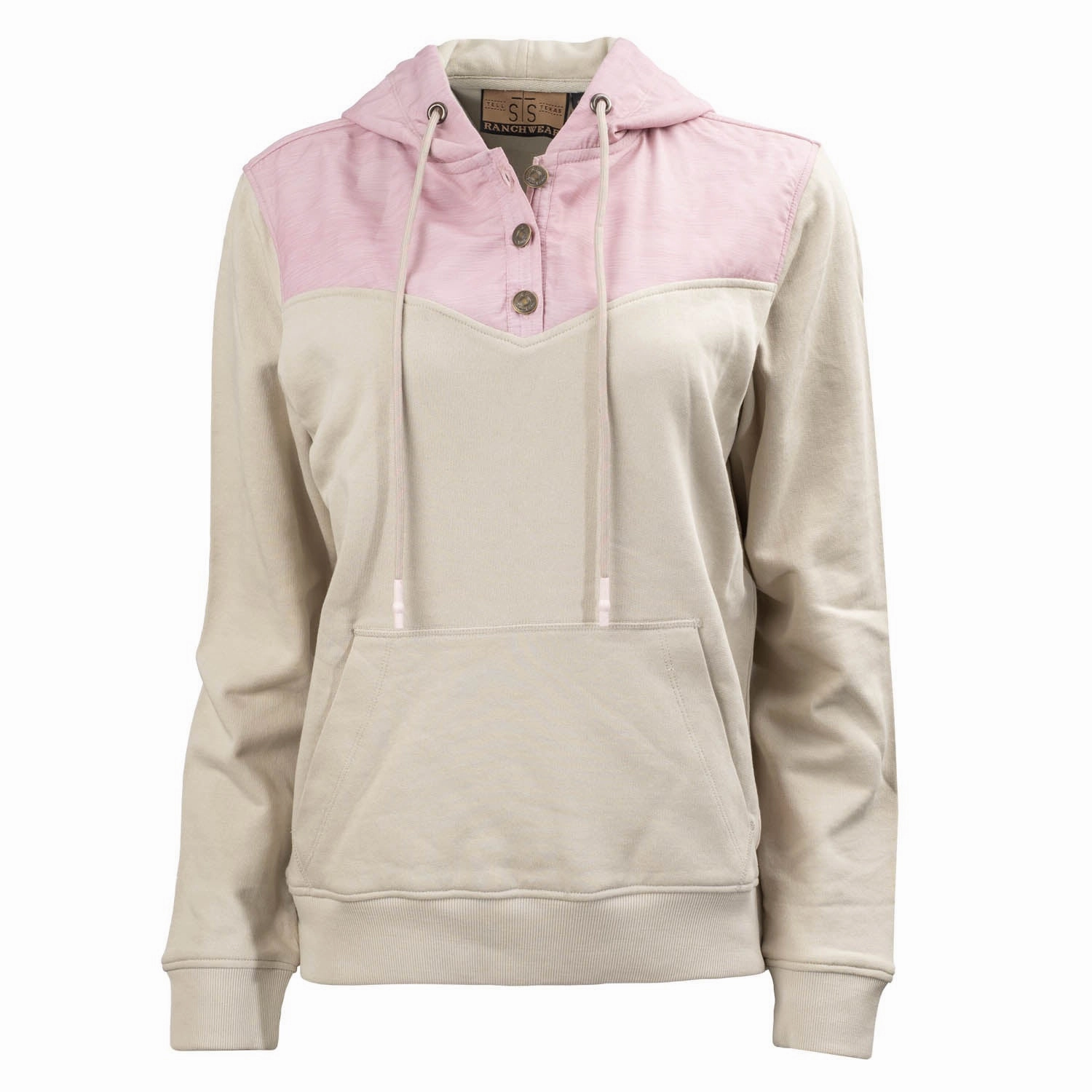 STS Ranchwear Womens Whit Pink/Oatmeal 100% Cotton Hoodie Noise Reduced Fastener System Modern Drop Tail Hem
