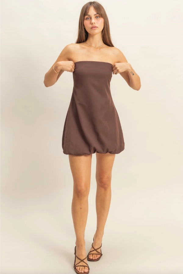 Youth Charm Strapless Mini Balloon Dress - Espresso
