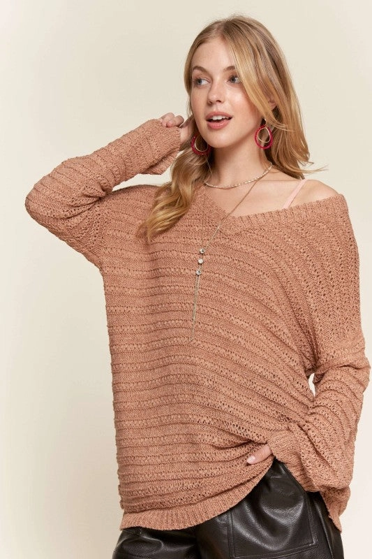 Basic Must-Have Essential Warmth Nora V Neck Texture Sweater Tunic Top