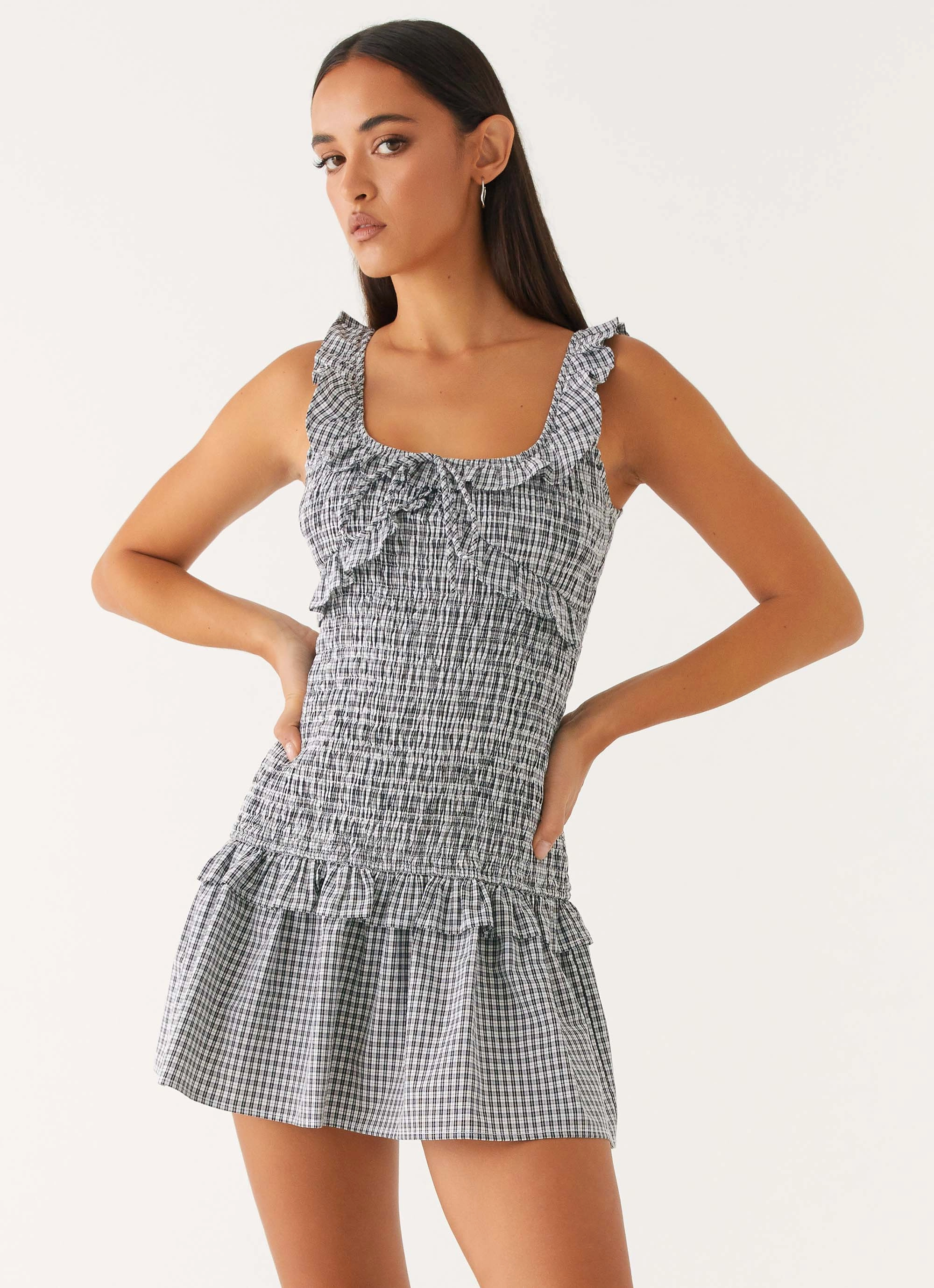 Mali Shirred Mini Dress - Checker Relax Mode