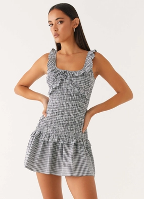 Interchangeable-Detail Mali Shirred Mini Dress - Checker