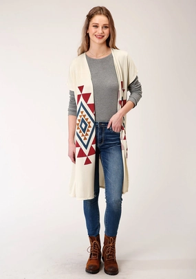 Smart Look Cozy Wearable Roper Womens Cream Polyester Aztec Sweater Cardigan
