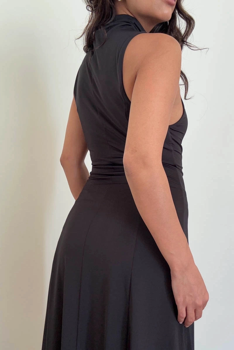 Nina Swing Midi Dress - Black Button-front Soft Lines