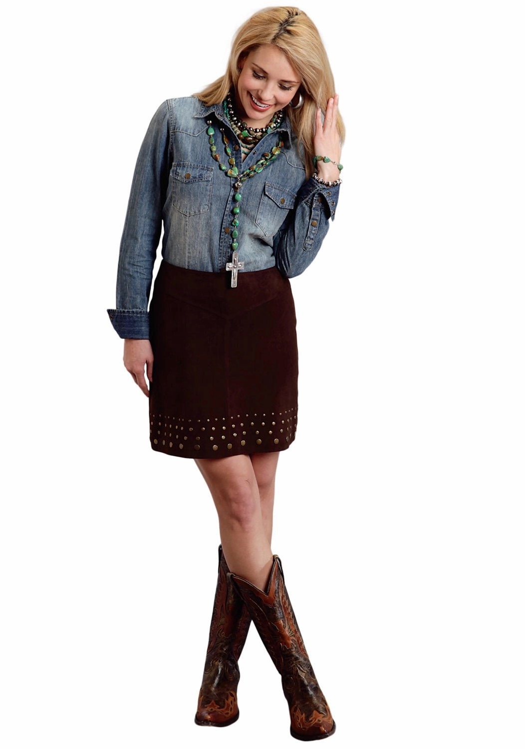 Elegant Flow Relaxed Mood Stetson Ladies Brown Leather Nailheads Suede Lamb Skirt