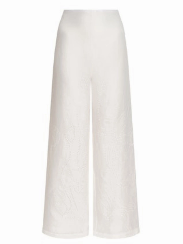 Perfectly Relaxed Sue?o Botanico Embroidered Linen Wide-Leg Pants in Off White