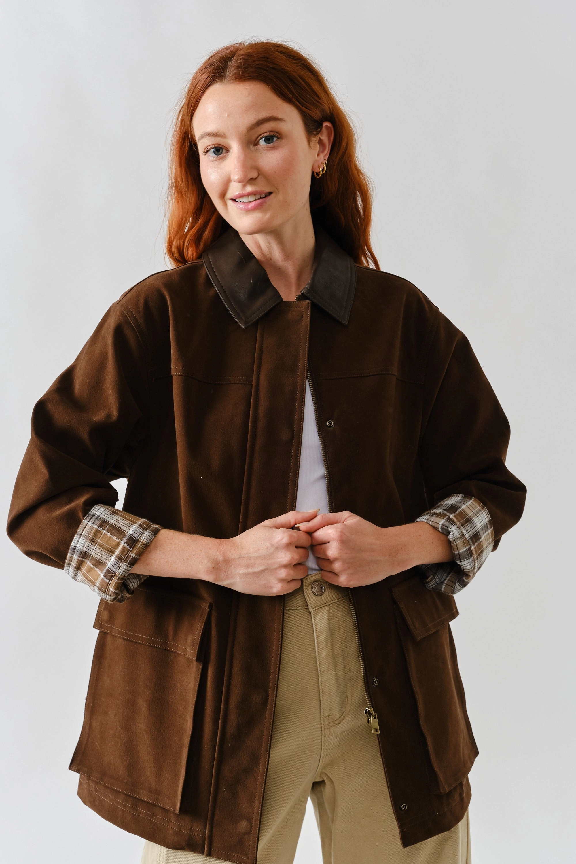Suede Oversized Jacket - Brown QuickRelease Closure RibbedTrims