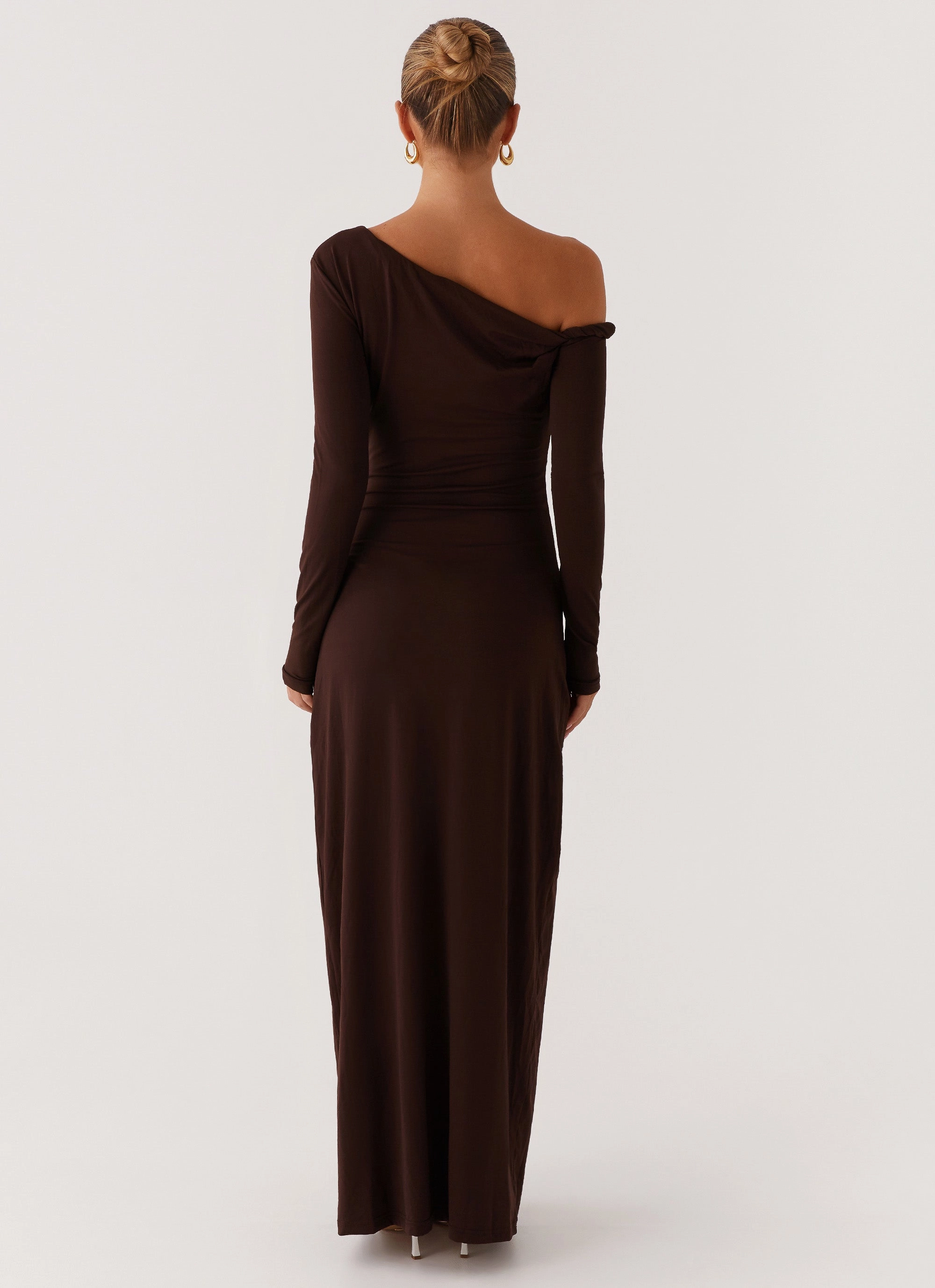 Satin Glow V Neckline Jordana Twist Maxi Dress - Brown
