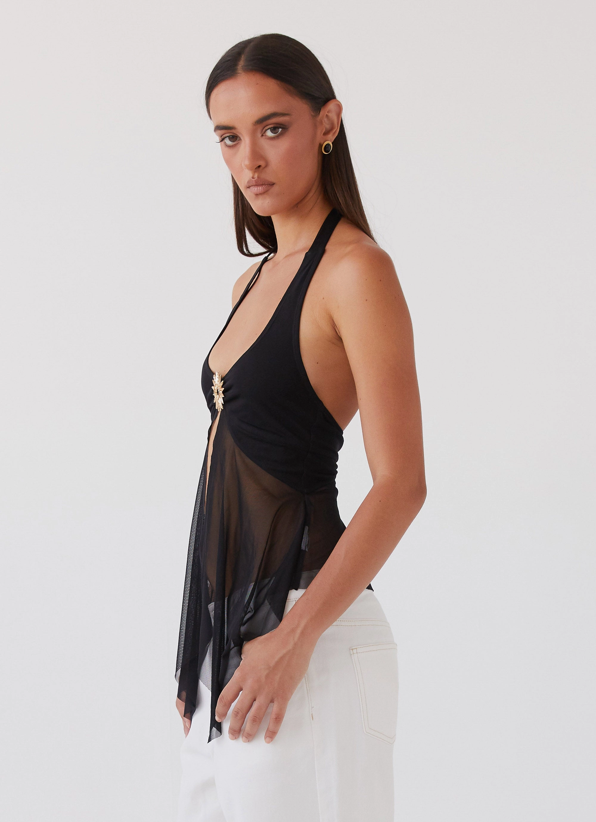 Stretch Fabric Sleeveless Top Sunbeam Mesh Top - Black