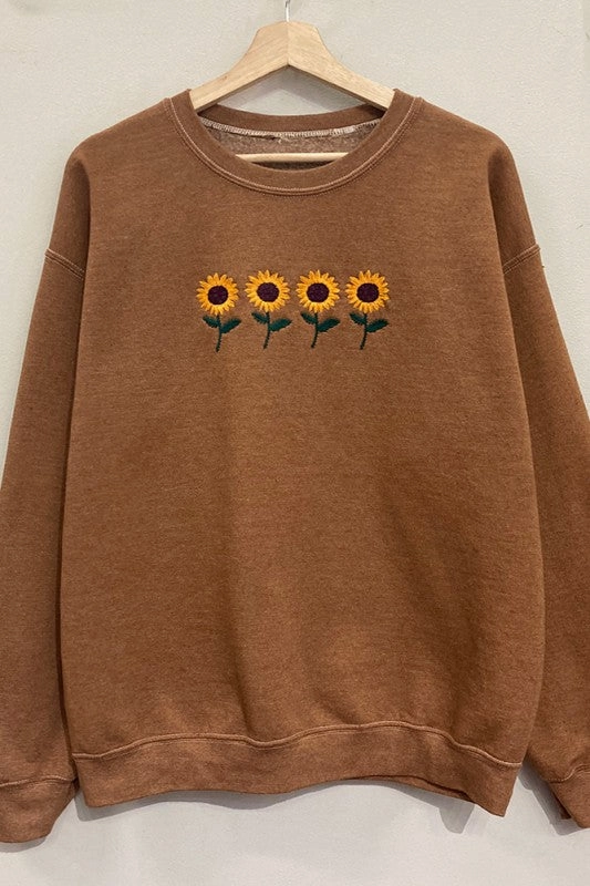 Zip Up Sunflowers Embroidered Sweatshirt S-XL
