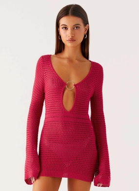 Elegant Wearable Silk-Blend Sunriser Crochet Mini Dress - Pink