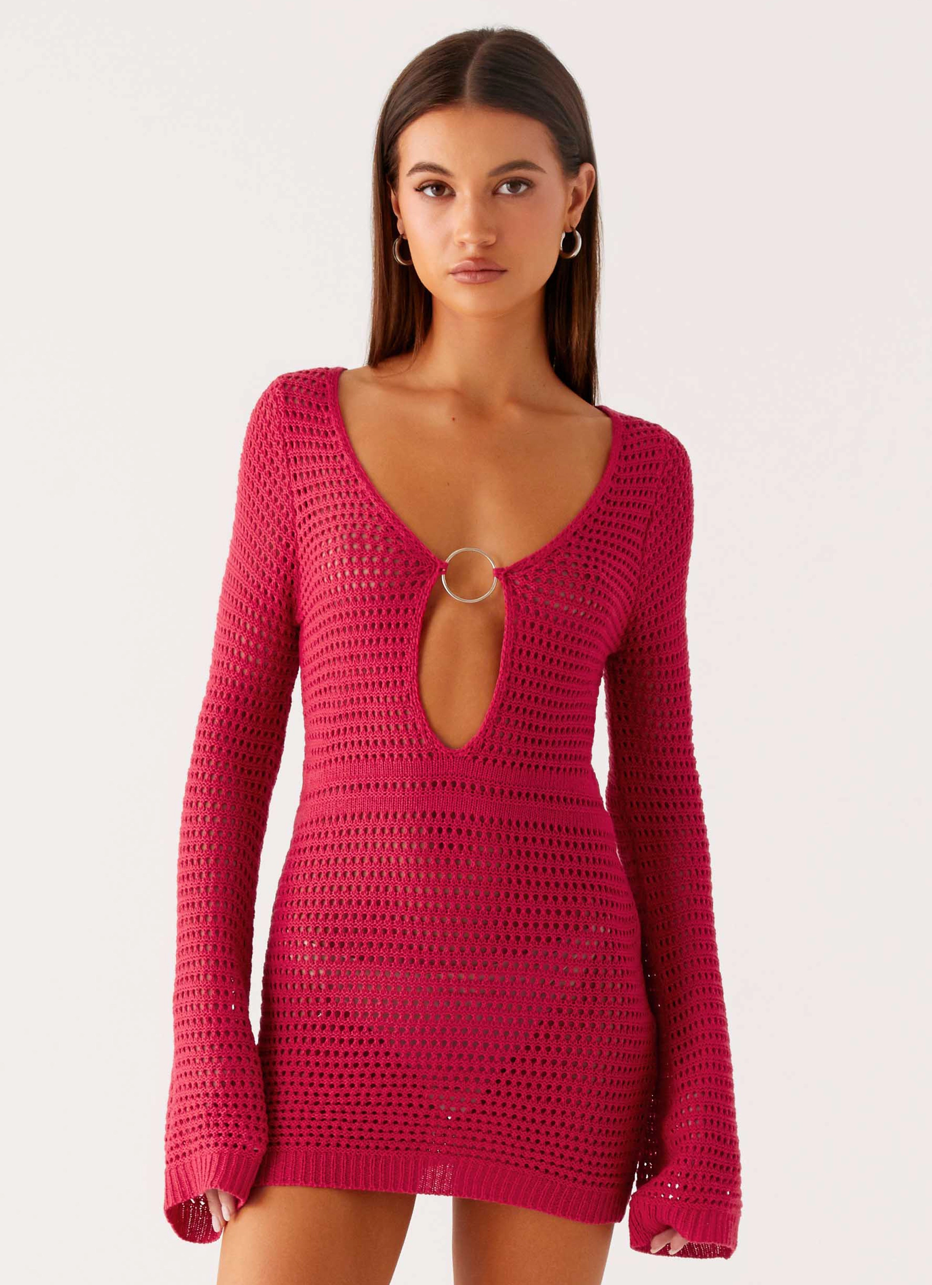 Elegant Wearable Silk-Blend Sunriser Crochet Mini Dress - Pink