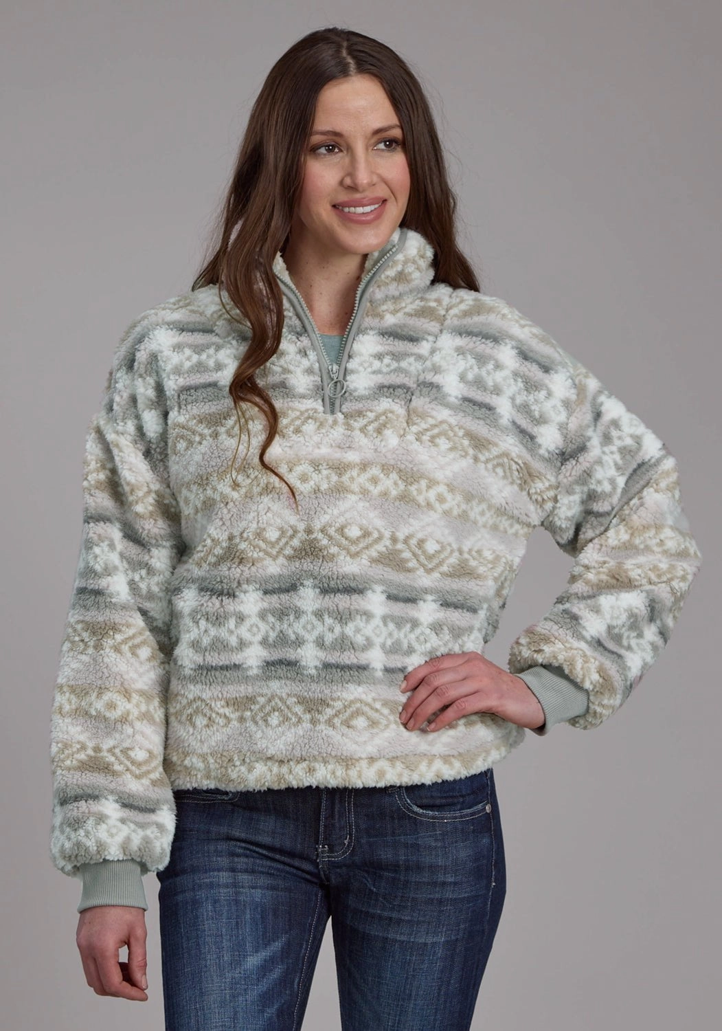 Roper Womens Fuzzy Aztec Taupe/Gray 100% Polyester Fleece Jacket Flexible Fit Engineering