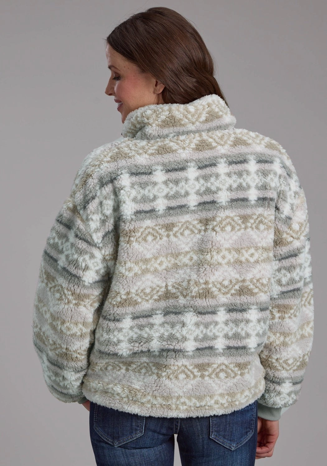 NonRestrictiveFit Classic Cut Roper Womens Fuzzy Aztec Taupe/Gray 100% Polyester Fleece Jacket