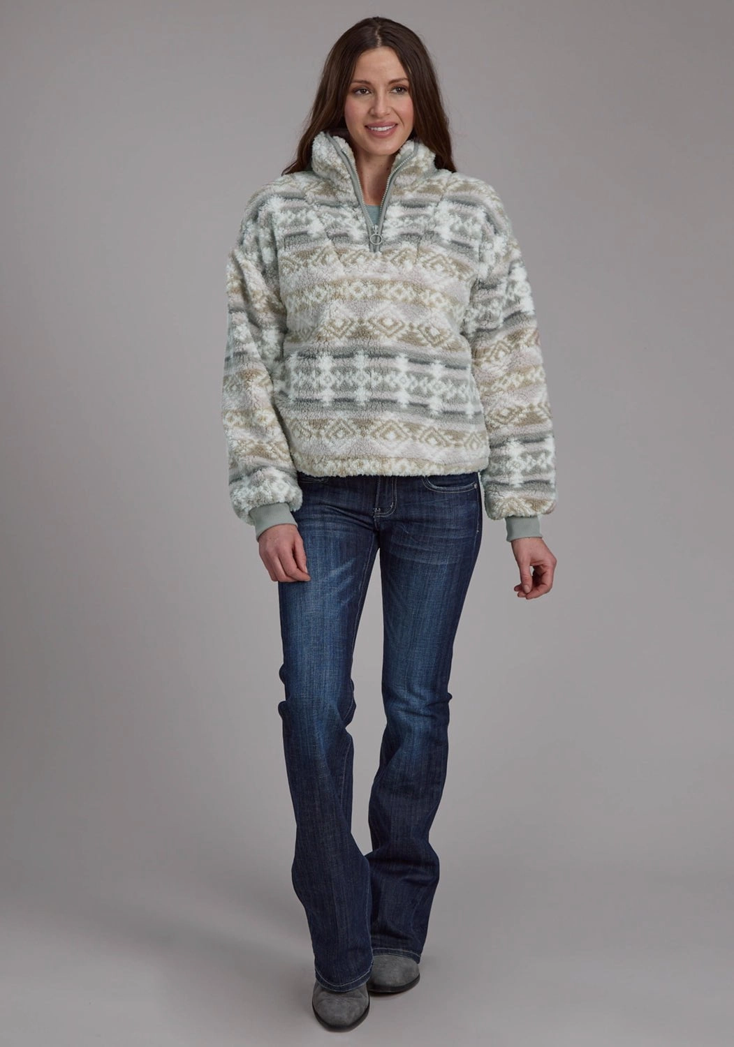 Roper Womens Fuzzy Aztec Taupe/Gray 100% Polyester Fleece Jacket SeamlessBonding Collar Stabilization System