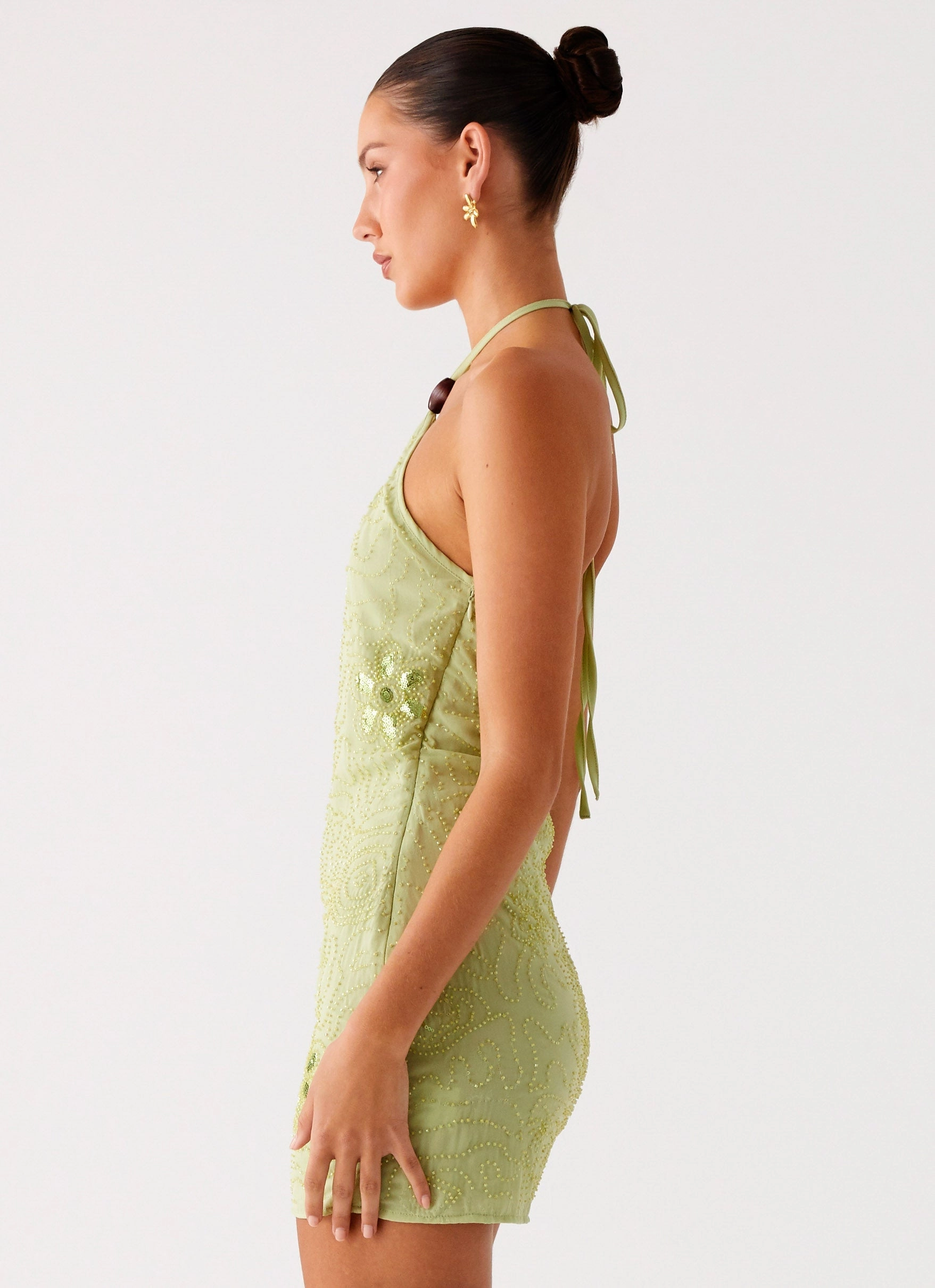 Kiara Beaded Mini Dress - Mint Feminine empire waist dress