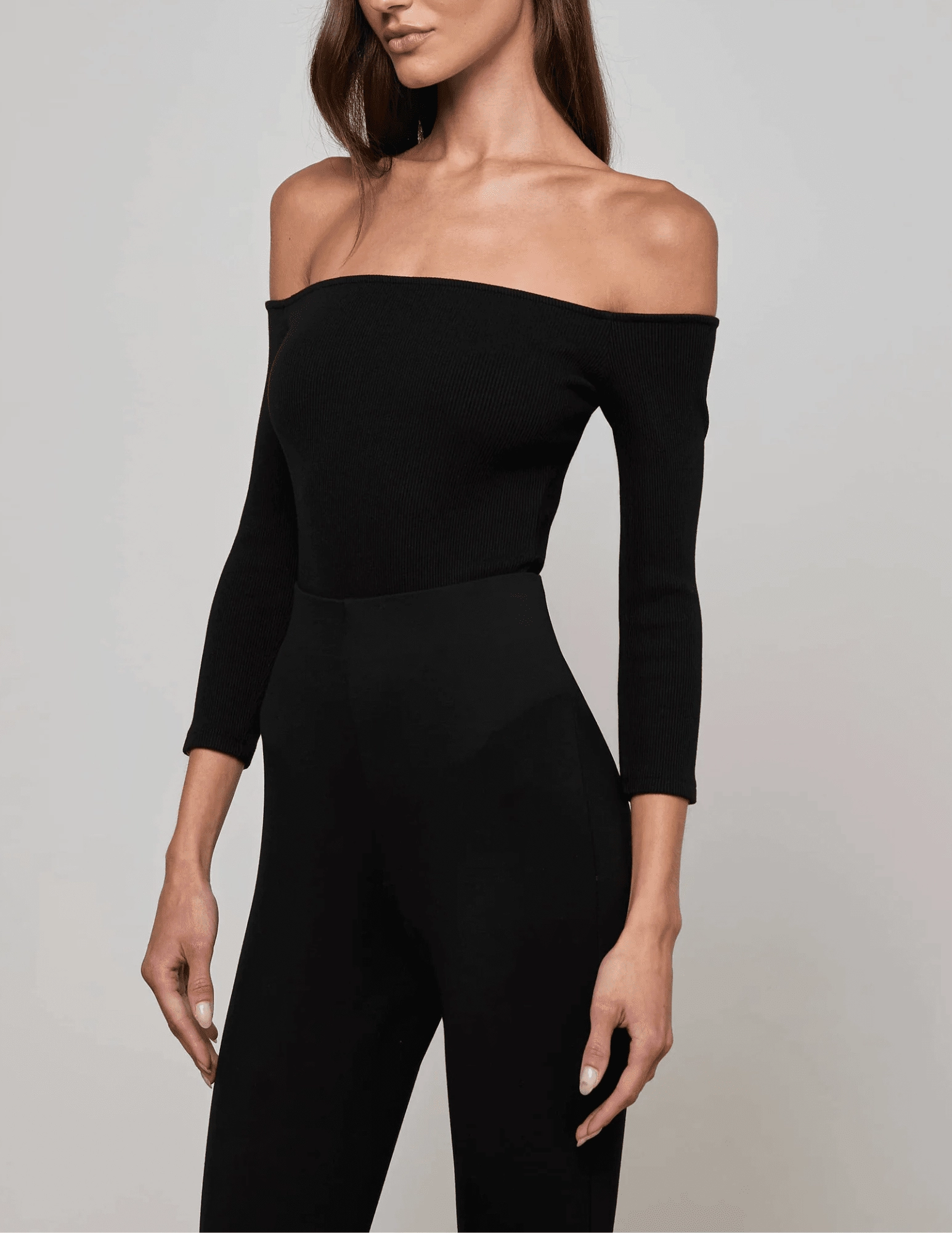 L'AGENCE Evelyn Off Shoulder Bodysuit in Black Roll-up style clean design