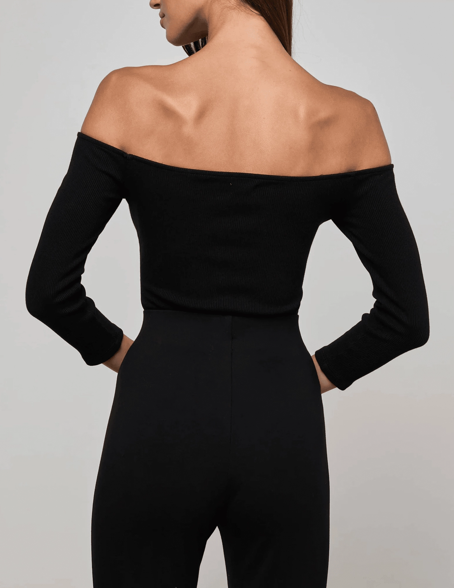 L'AGENCE Evelyn Off Shoulder Bodysuit in Black BreathableMeshPanels Sheer Overlay Material