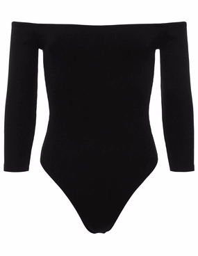 L'AGENCE Evelyn Off Shoulder Bodysuit in Black Freedom Motion Dynamic Motion