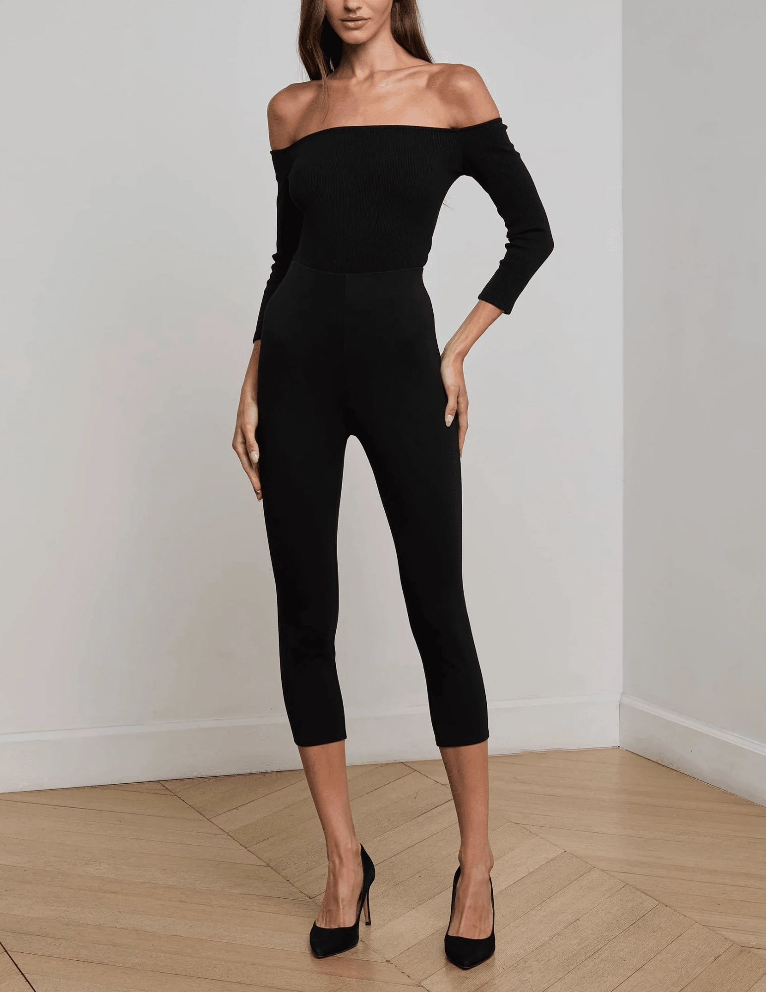 Flexible Knit L'AGENCE Evelyn Off Shoulder Bodysuit in Black