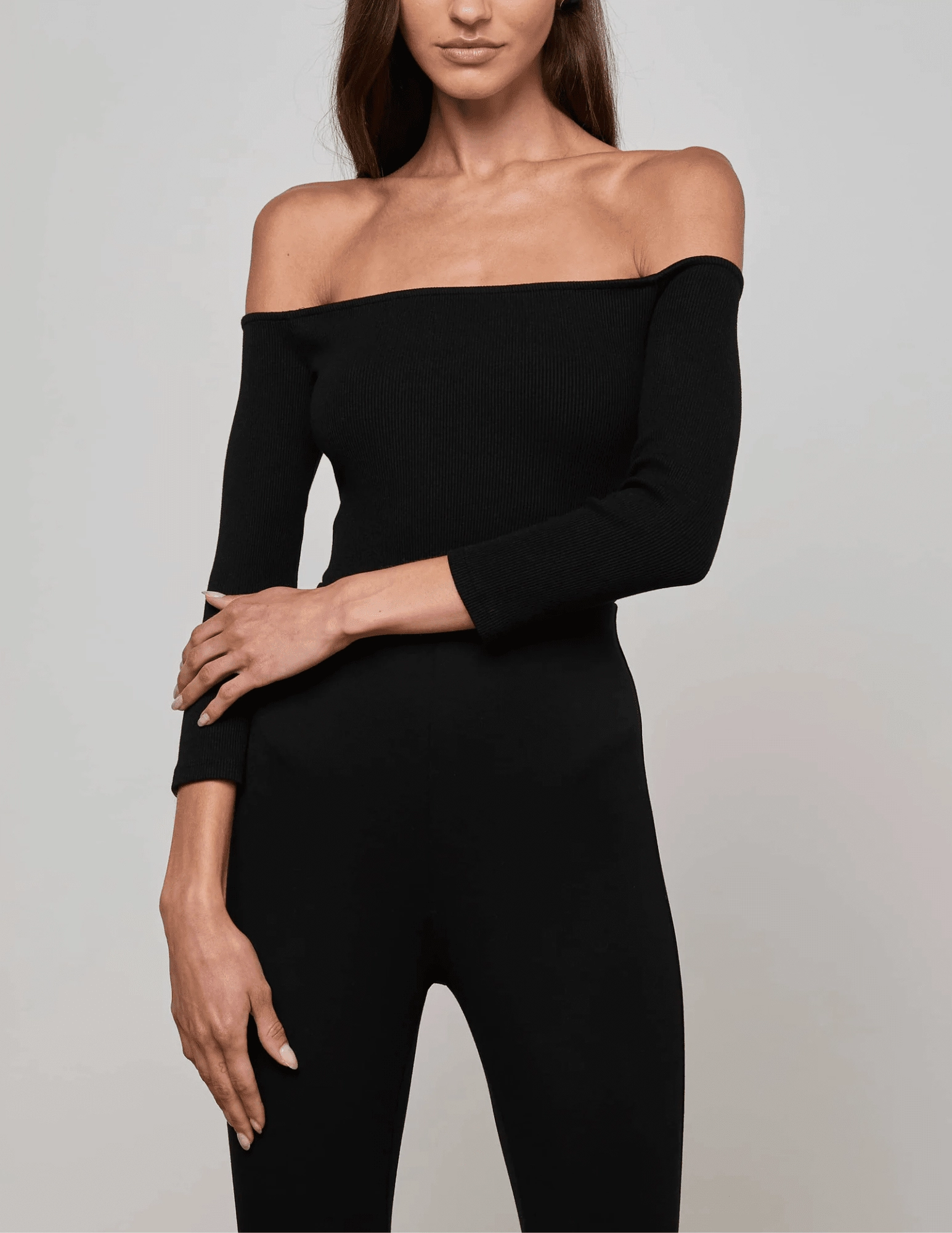 Asymmetrical hem Four Way Stretch Fabric L'AGENCE Evelyn Off Shoulder Bodysuit in Black