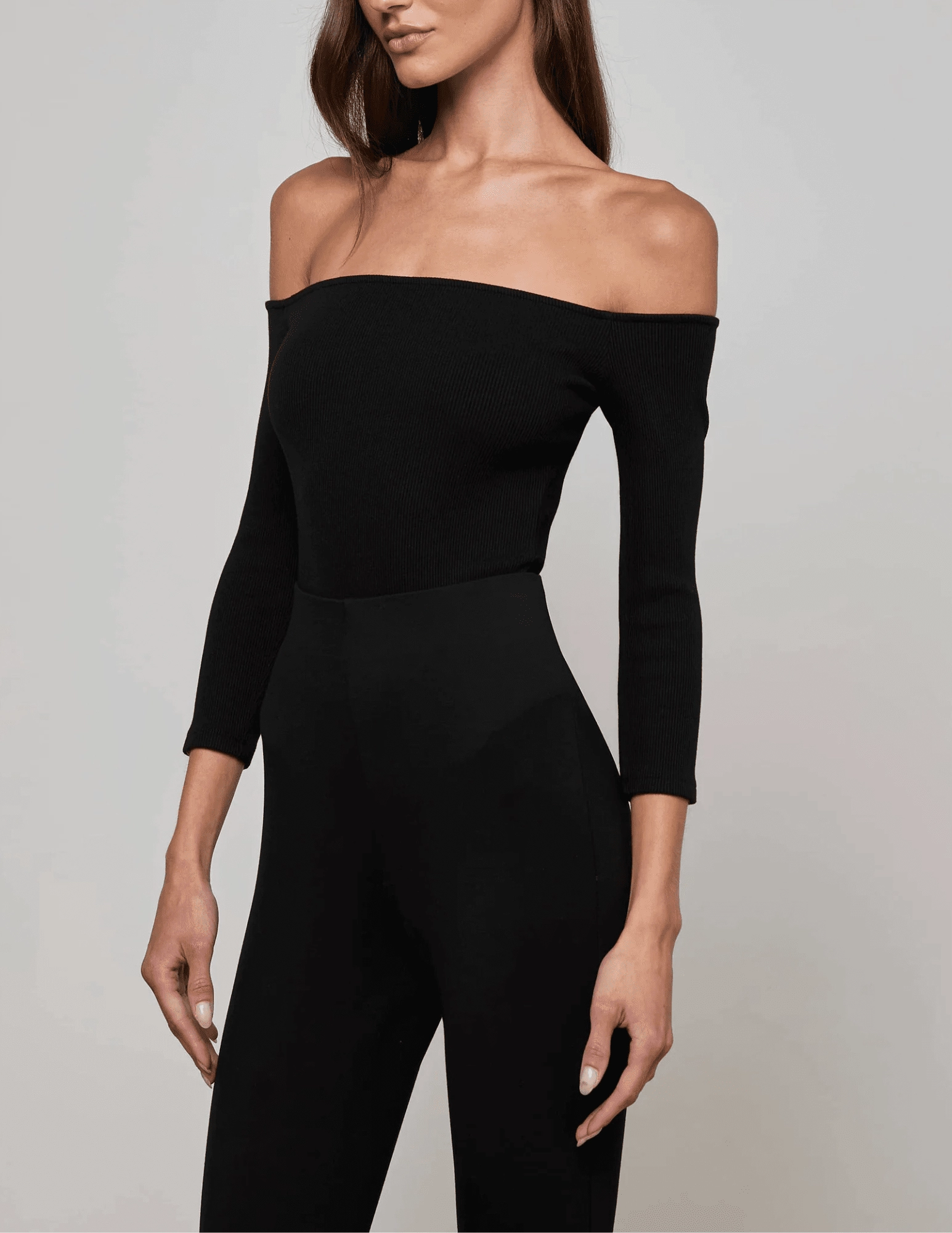 L'AGENCE Evelyn Off Shoulder Bodysuit in Black Non Restrictive Fit Soft Cotton Blend