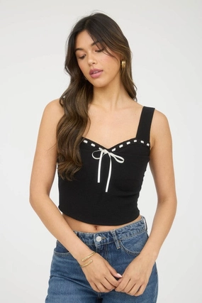 Antibacterial Fiber Blend Sweetheart Front Ribbon Bow Tie Sleeveless Top