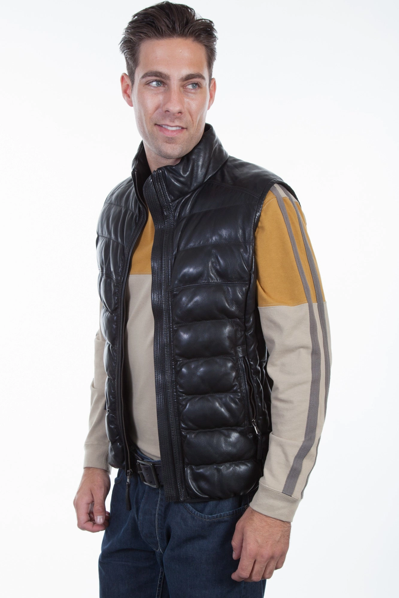 Stain Resistant Scully Mens Black Leather Ribbed Vest