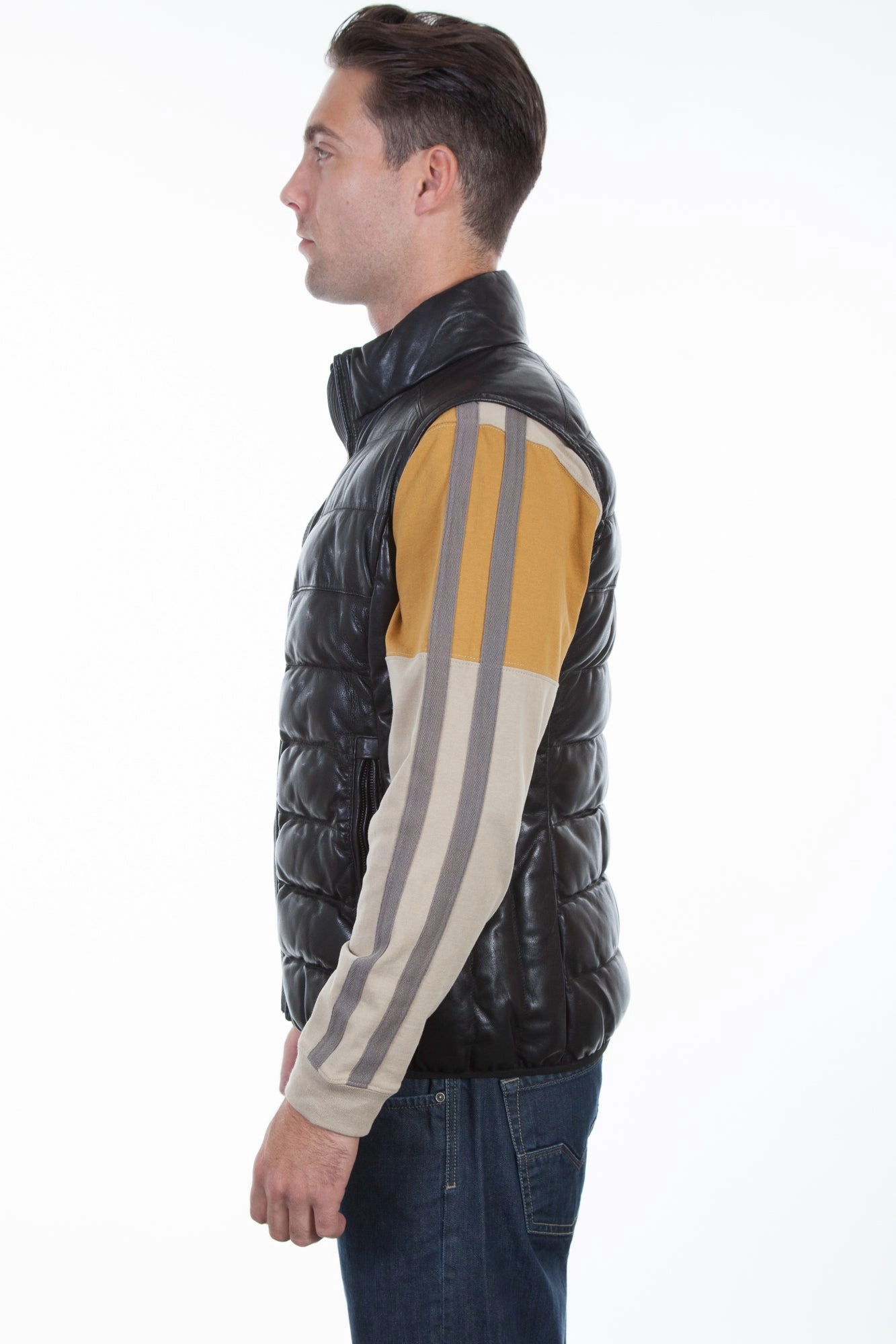 Scully Mens Black Leather Ribbed Vest MultiPocketStyle