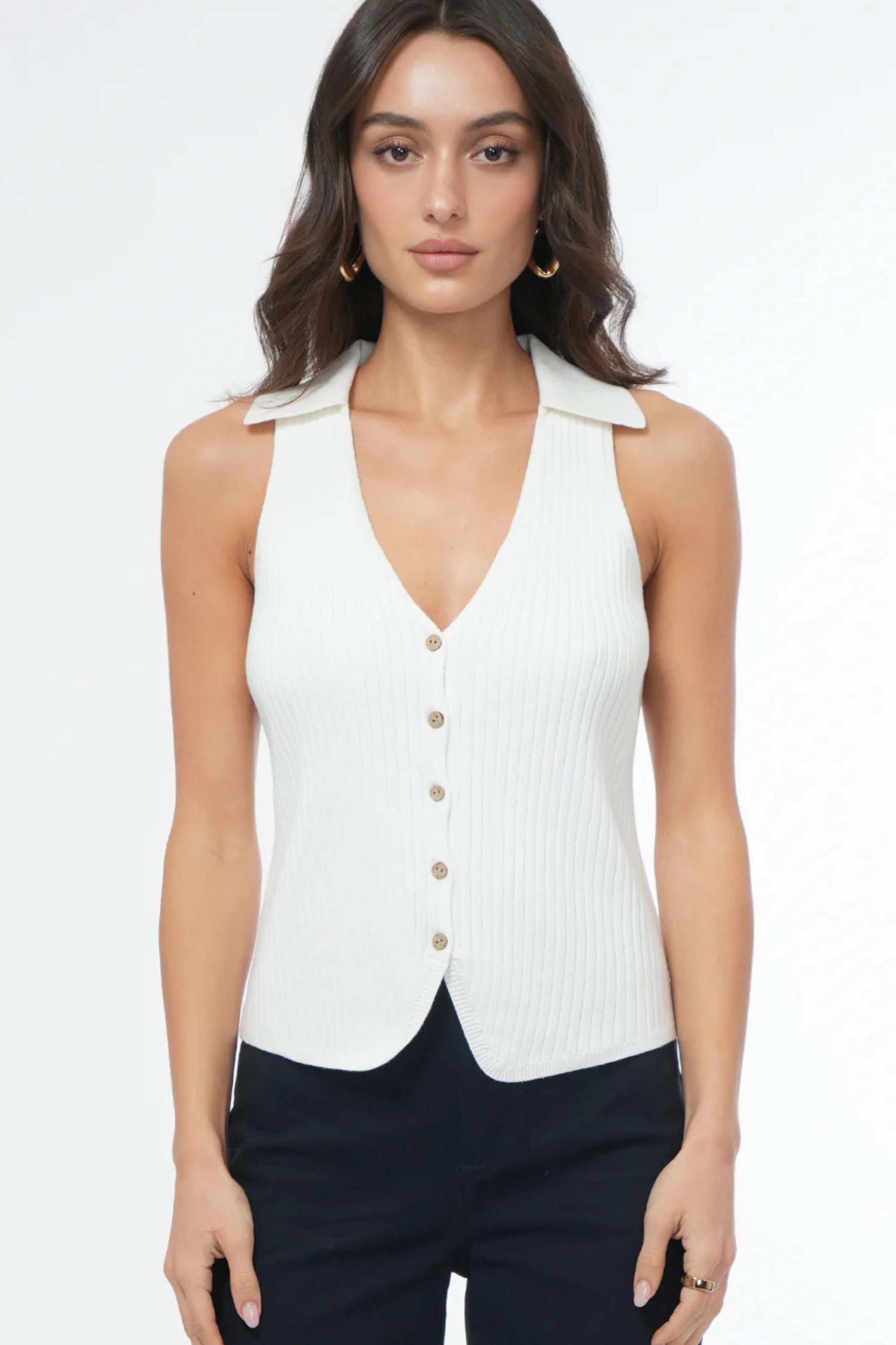 Tatiana Collared Knit Vest Multi Panel Construction FlatlockSeamTechnique