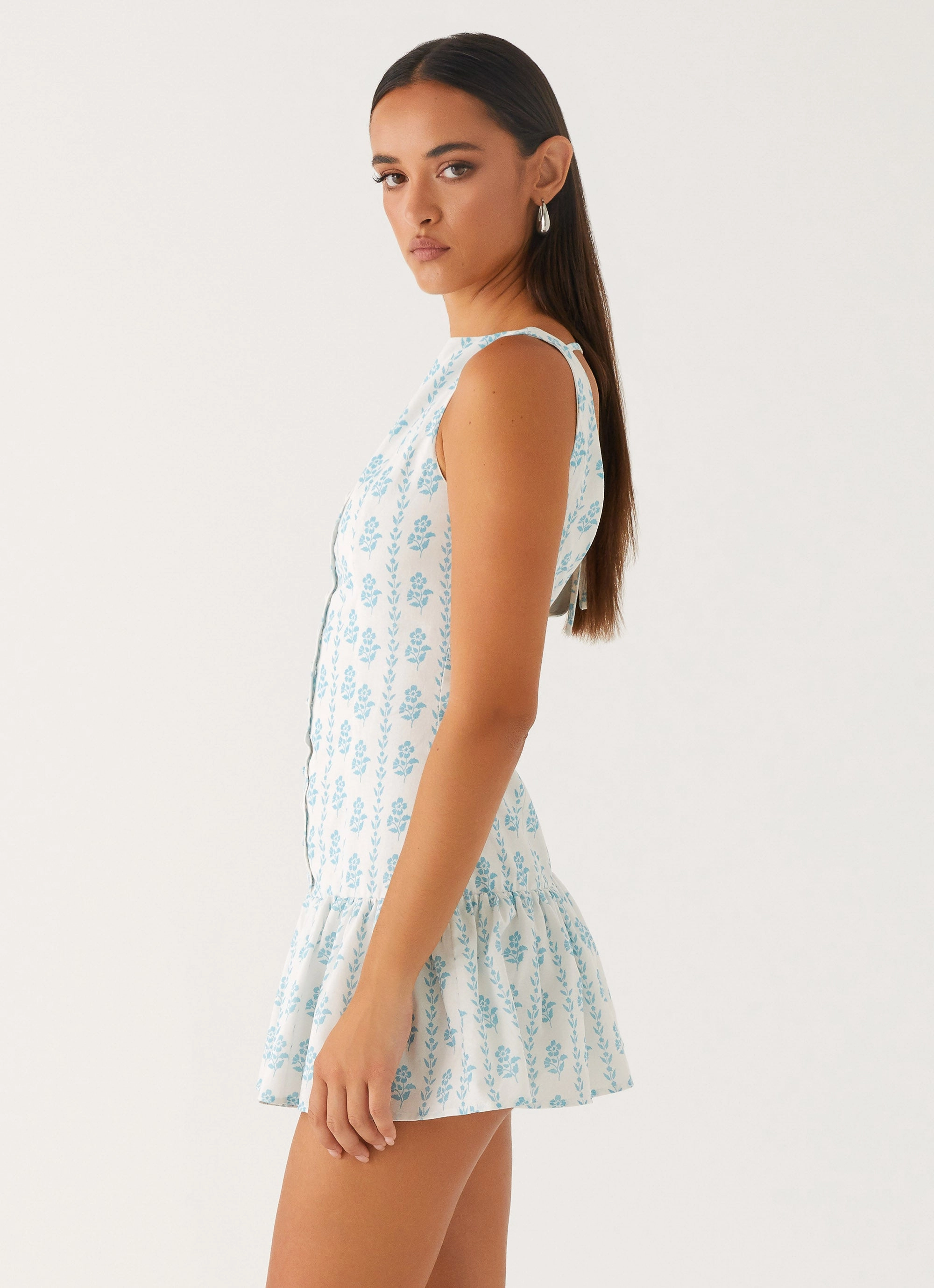 Chic And Comfortable High Neck Meggie Linen Mini Dress - Sweet Daydream Print