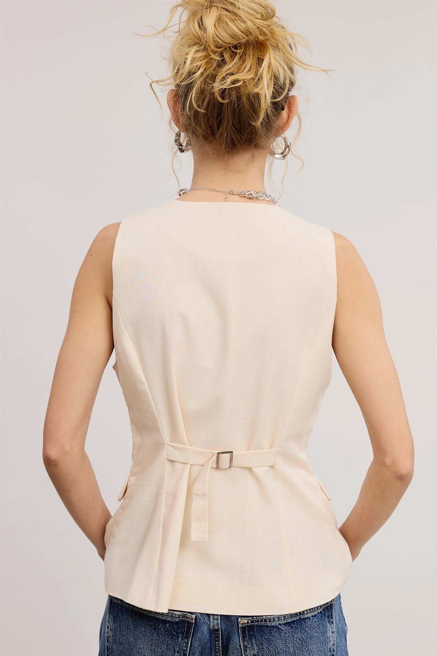 RibbedNeckline Weighted Hem Trim Tailored Long Line Vest - Natural