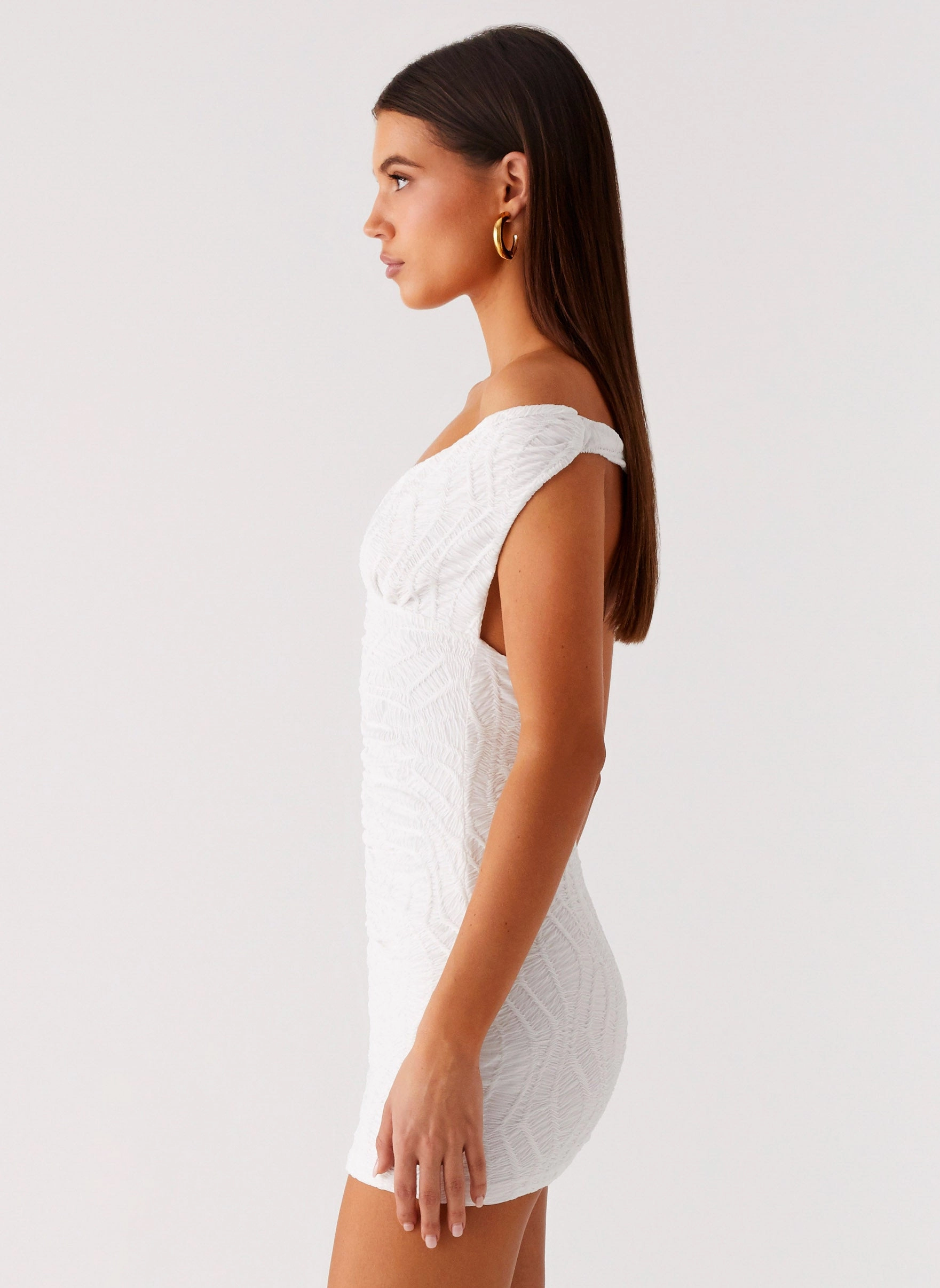 Takoda Off Shoulder Mini Dress - White Patterned-Fabric Weekend Ready