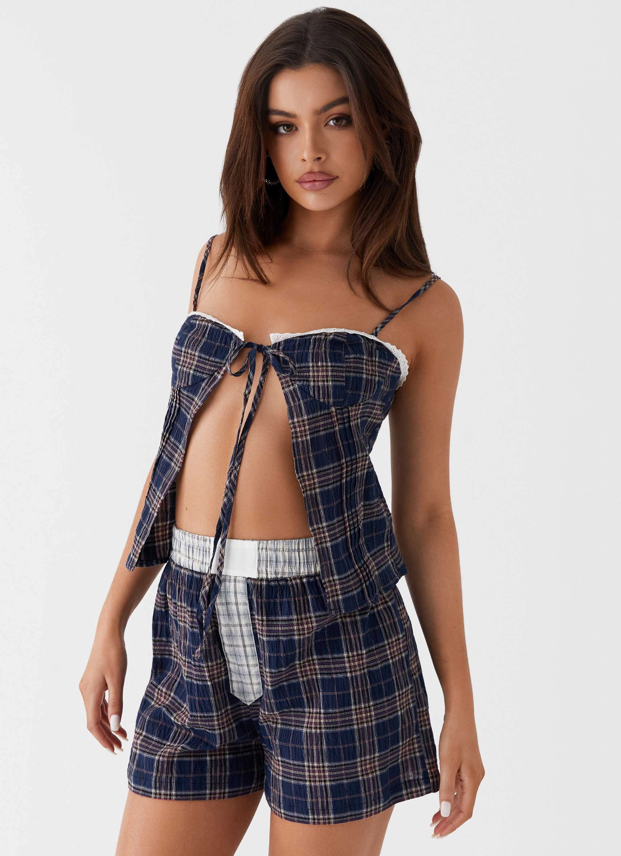 Tamaira Tie Top - Navy Check Bonded Seam Technique
